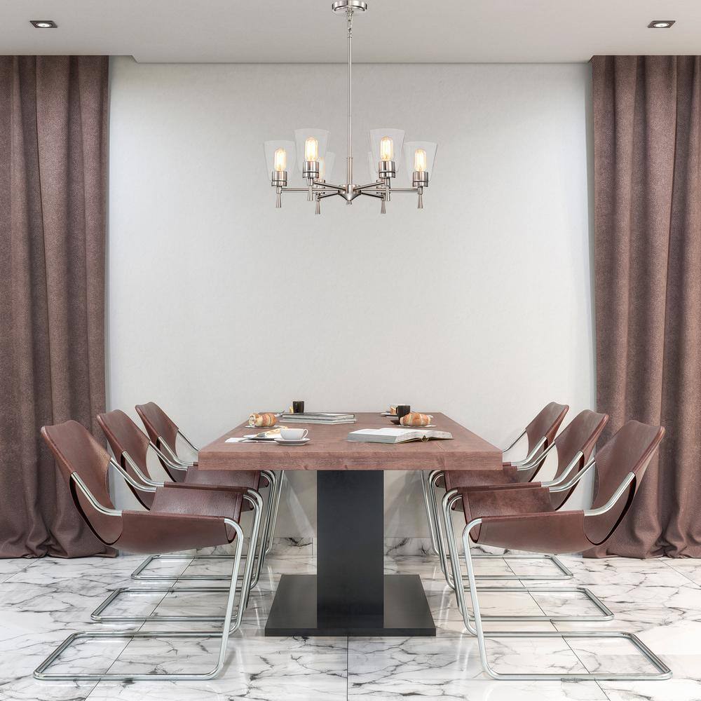 Brushed Nickel 6-Light Modern Chandelier with Clear Cone Glass Shades