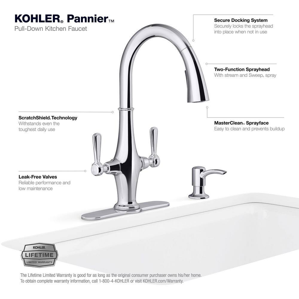 Polished Chrome Double Handle Pull Down Kitchen Faucet with Spray