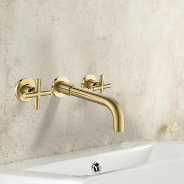 Contemporary Double Handle Wall Mount Bathroom Faucet in Brushed Gold
