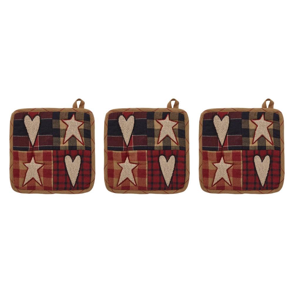 Connell Patchwork Burgundy and Tan Cotton Pot Holder Set