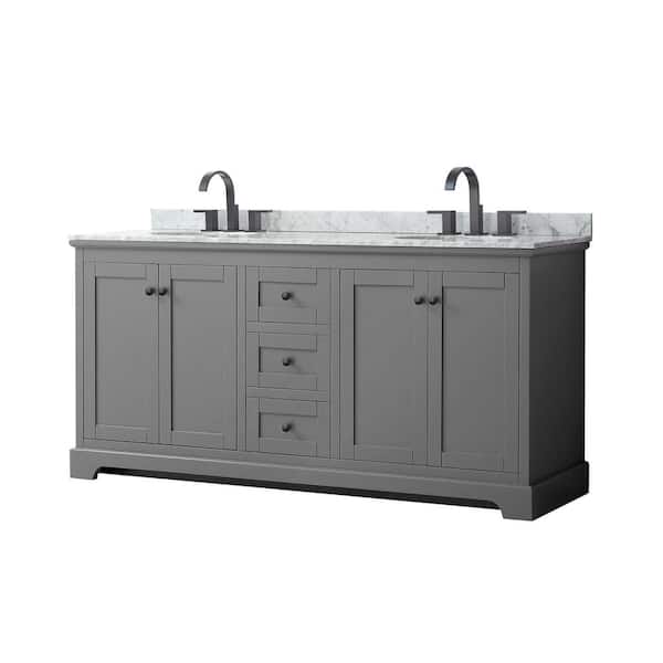 Wyndham Collection Avery 72 in. W x 22 in. D x 35 in. H Double Bath Vanity in Dark Gray with White Carrara Marble Top