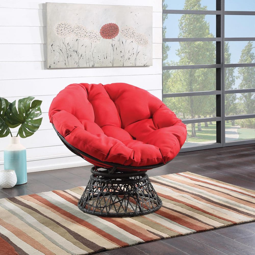 Boho Chic Red Swivel Papasan Chair with Resin Wicker