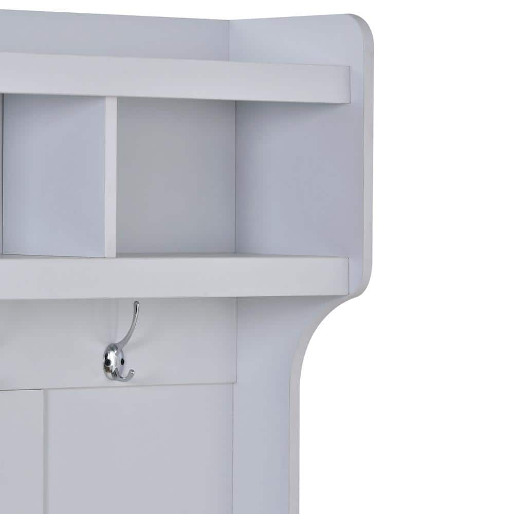 White Solid Wood Hall Tree with Storage and Hooks