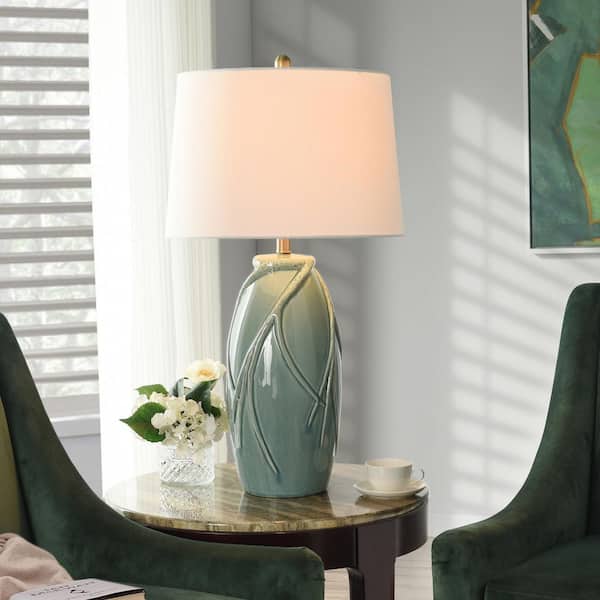 Starlite 32 in. Green Transitional Bedside Table Lamp for Living Room with White Linen Shade