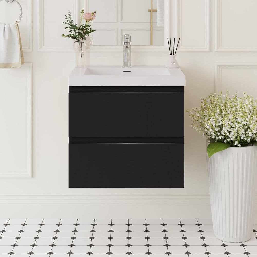 23-5/8 in. W x 19-3/4 in. D x 22-1/2 in. H Bathroom Wall Hung Vanity in Black with Single Basin Top in White Resin price history on PriceWatchPro