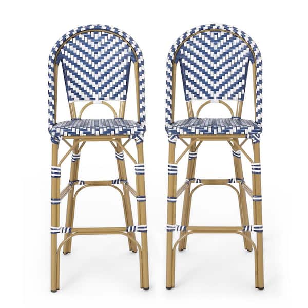 29. 5in Aluminum PE Rattan French Outdoor Bar Stools with Rust Navy Blue and White Bamboo Cushion (Set of 2)