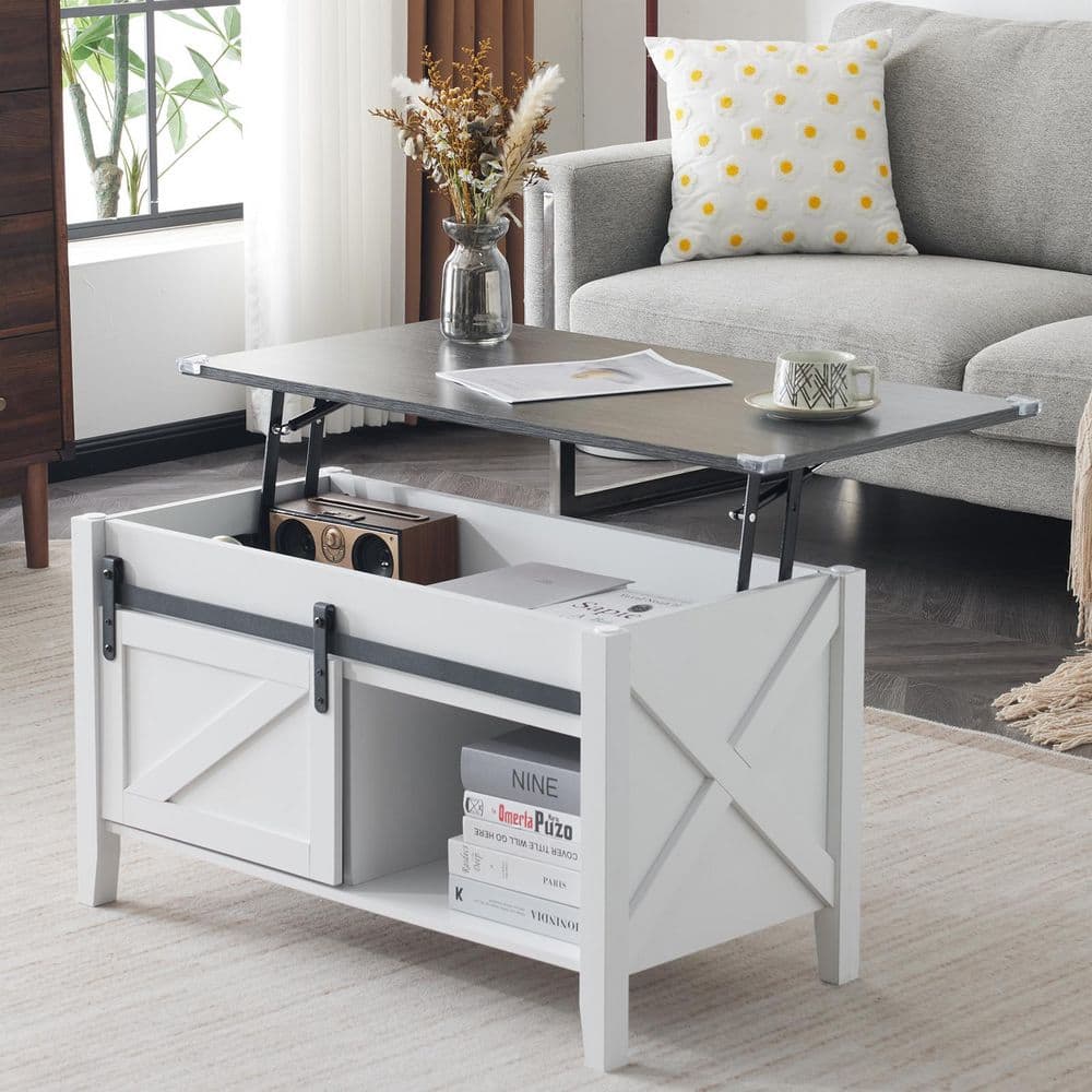 36 in. White and Gray Rectangle MDF Coffee Table with Lift Top and Storage