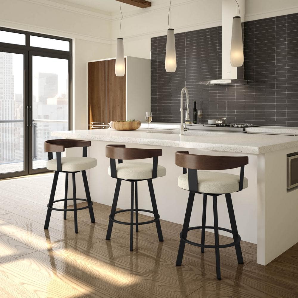 Lars 37'' Cream Bouclé and Black Metal Swivel Barstool