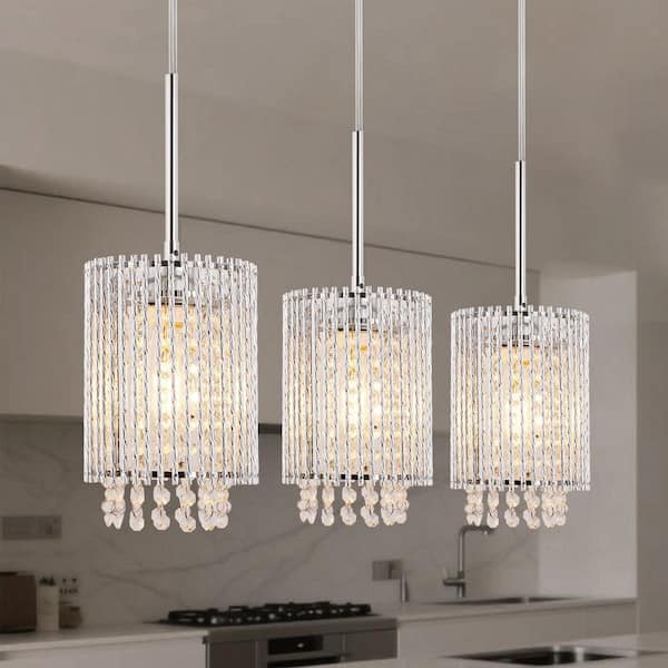 1-Light Aluminum Chrome Indoor Pendant Light with Cylinder Crystal Shade Modern Hanging Fixture with E26 (3-Pack)