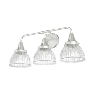 Cypress Grove 24.25 in. 3 Light Brushed Nickel Vanity Light with Clear Holophane Glass Shades Bathroom Light