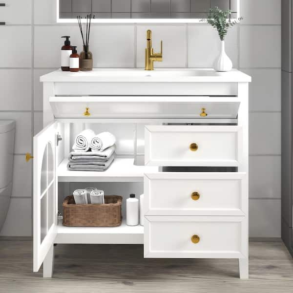 36 in. Single Sink Freestanding White Bath Vanity with White Ceramic Top, Motion-sensor Light, Drawers