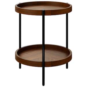 2-Tier 20.5 in Width Round Side End Table Storage Shelf Rubber Wood Accent Nightstand Walnut