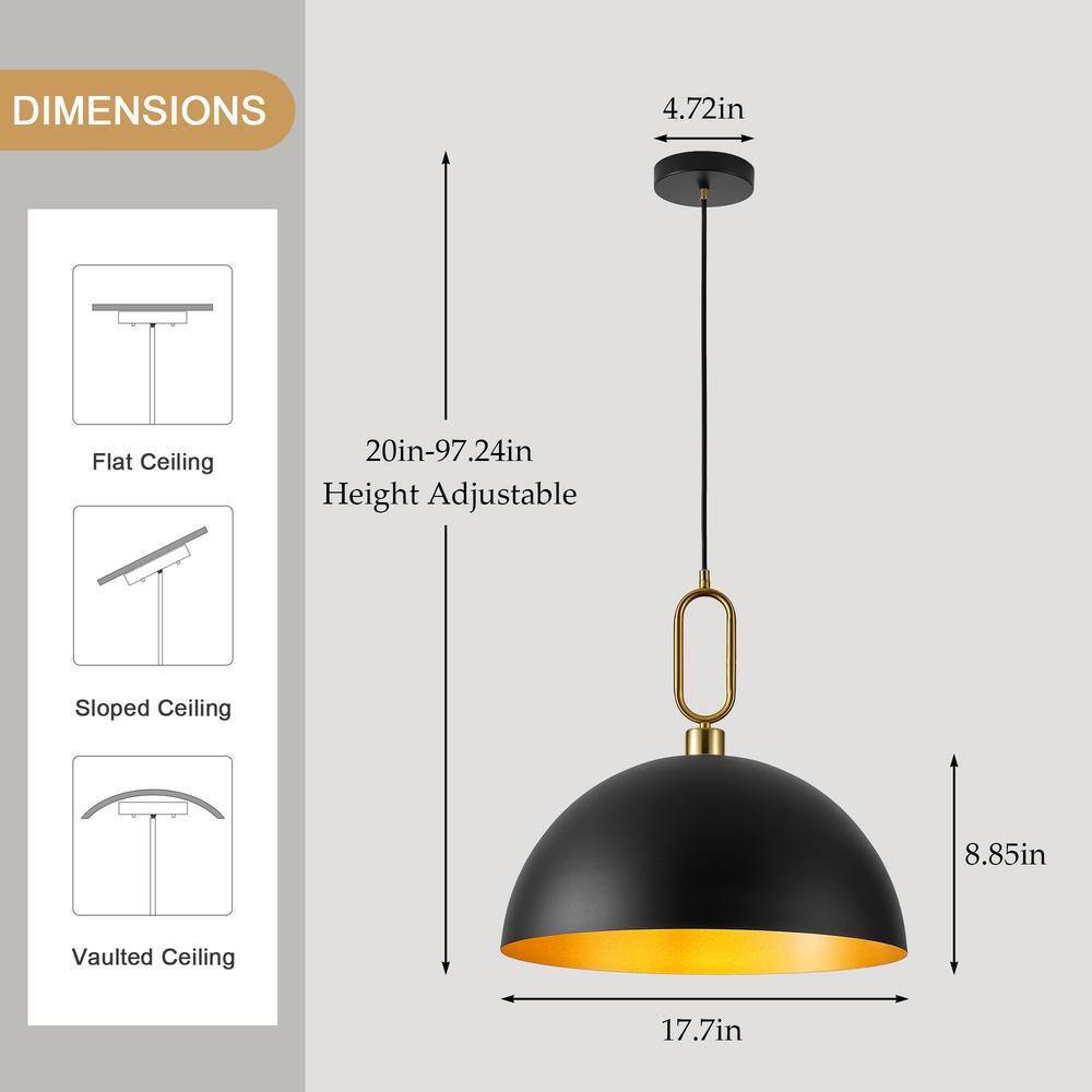 Large Black and Gold Metal Dome Pendant Light for Kitchen Island