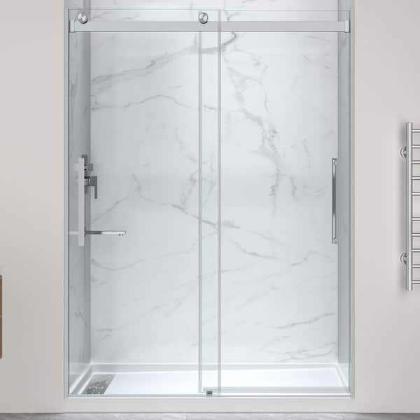 Stellar 60 in. L x 30 in. W x 76 in. H Alcove Shower Kit with Sliding Frameless Shower Door and Left Drain Shower Pan