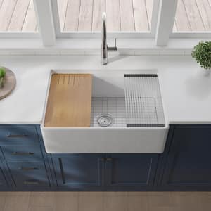 Fireclay 33 in. L x 20 in. W Workstation Farmhouse/Apron Front Single Bowl Kitchen Sink With Accessories
