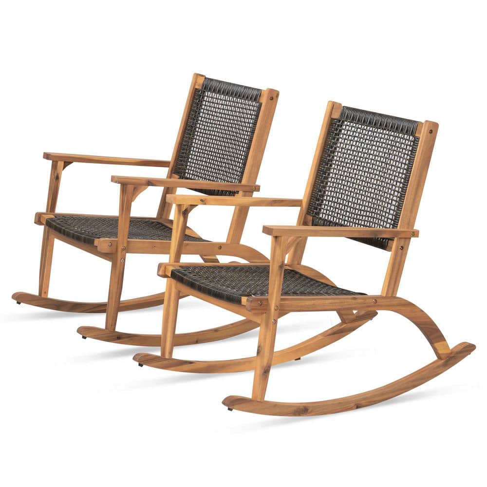 Dark Brown Acacia Wood Outdoor Rocking Chair 2-Pieces w/ Wicker Rattan Seat