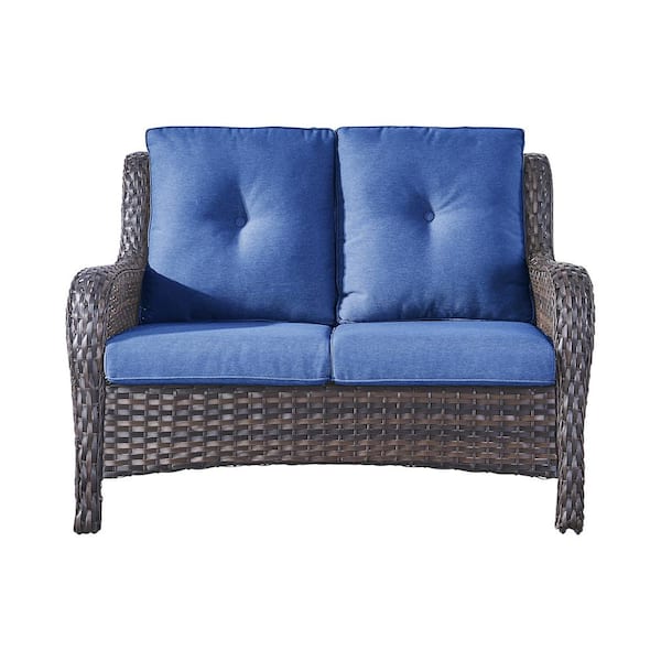 2-Seat Wicker Outdoor Loveseat Sofa Patio with CushionGuard Cushions Brown/Blue