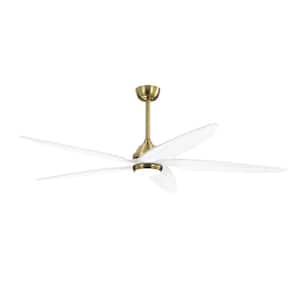64 in. White and Gold Indoor 5-Solid Wood Blades LED Ceiling Fan with Remote and 3-Downrods