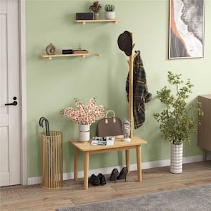 Natural Coat Rack with 2-in-1 Side Table 3-Hooks for Hats Bags Coats Freestanding