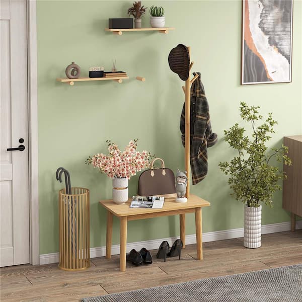 Natural Coat Rack with 2-in-1 Side Table 3-Hooks for Hats Bags Coats Freestanding