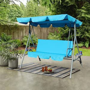 3-Person Metal Outdoor Patio Swing Chair with Canopy and Blue Cushion