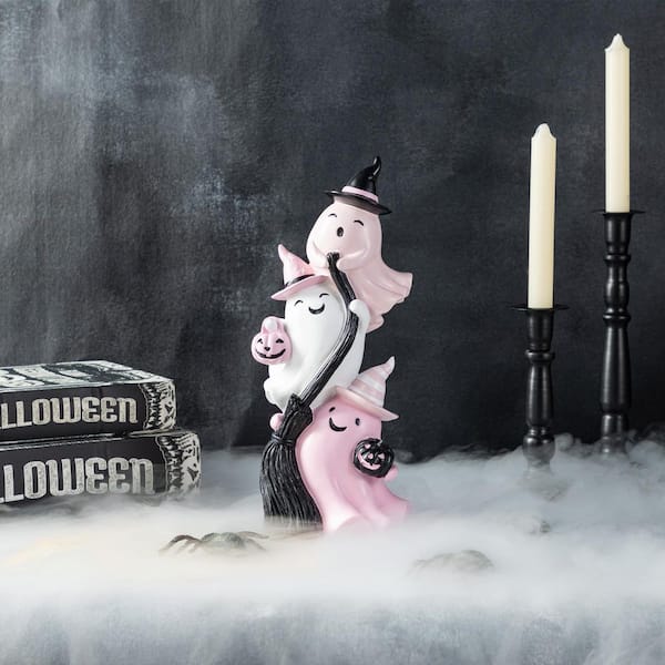 Glitzhome 12.75 in. H Halloween Polyresin Stacked Pink Ghost