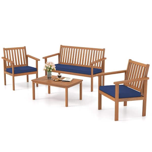 Gymax 4-Pieces Wood Patio Conversation Set with Loveseat 2 Chairs and Coffee Table for Porch Patio Navy Cushions