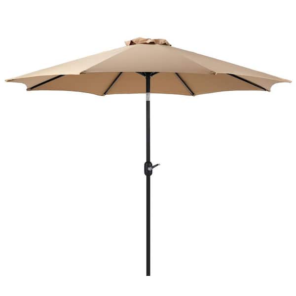 9 ft. Metal Market Patio Umbrella, Outdoor Waterproof Table Umbrella with Button Tilt and Crank Adjustment in Khaki