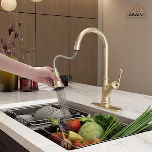 Single Handle Pull Down Sprayer Kitchen Faucet, Three-function Pull out Sprayhead, with Deckplate in Brushed Gold