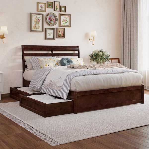 AFI Emelie Walnut Brown Solid Wood Frame Full Platform Bed with Panel Footboard and Storage Drawers