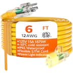 6 ft. 12/3 Heavy Duty Outdoor Extension Cord Waterproof with Lighted end 15Amp 1875W 12AWG SJTW ETL Yellow