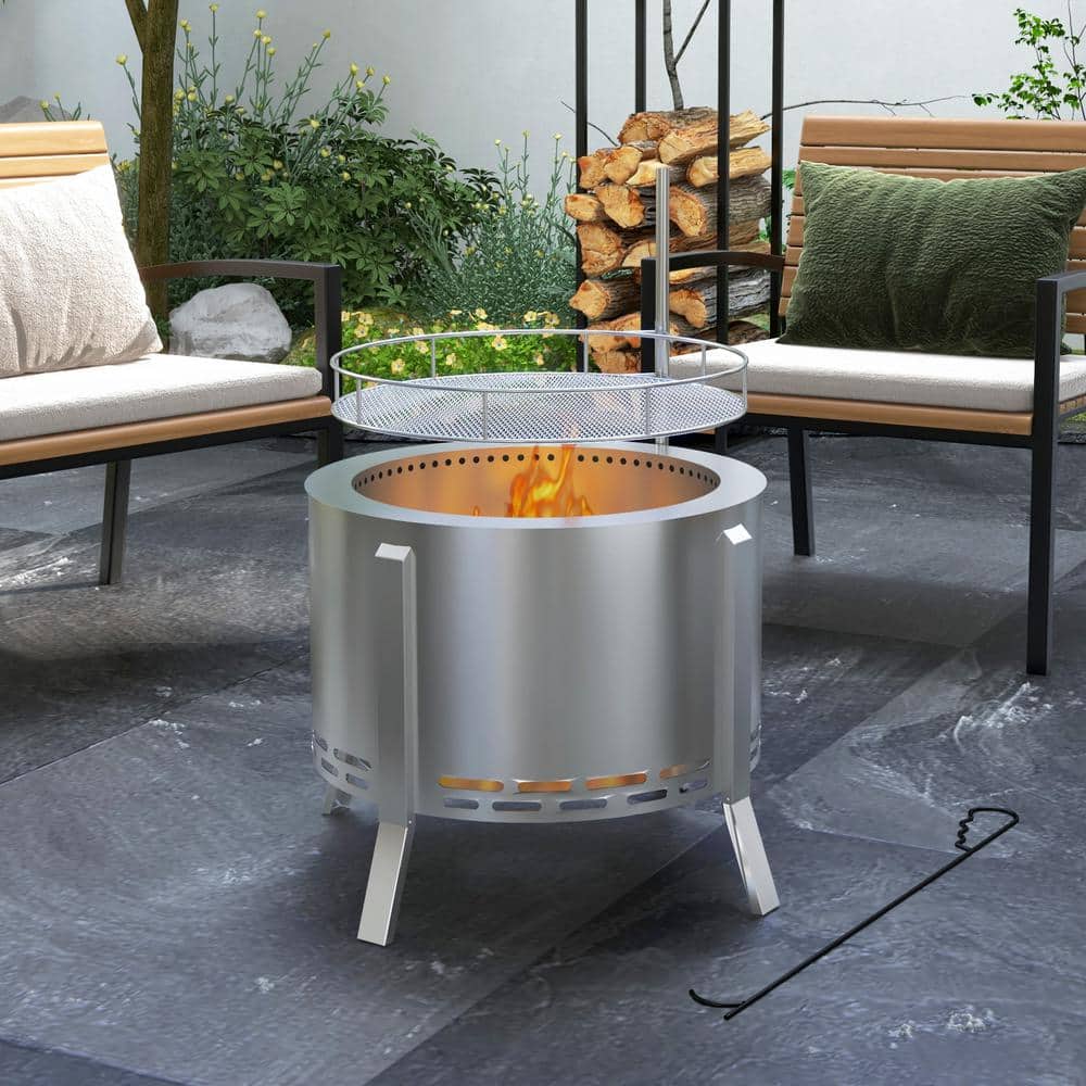 Outsunny 19" Silver Stainless Steel Smokeless Fire Pit BBQ Grill