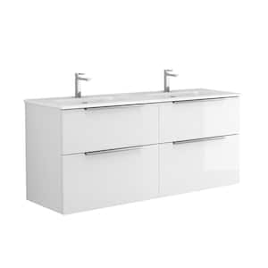 Dalia 56 in. W x 18.1 in. D x 23.8 in. H Double Sink Wall Mount Bath Vanity in Gloss White with White Solid Surface Top