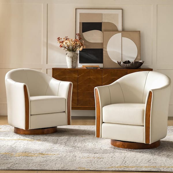 Cristina Beige 29 in. W Transitional Genuine Leather Swivel Barrel Arm Chair with Solid Wood Base Set of 2
