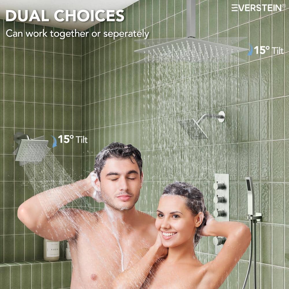 16" Brushed Nickel Thermostatic Triple Showerhead System