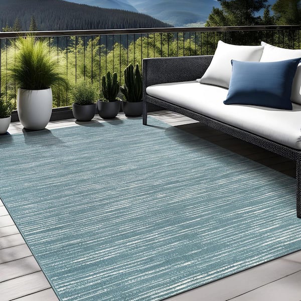 Linea Teal 6 ft. x 9 ft. Rubber Back Washable Modern Striped Indoor Outdoor Patio Area Rug