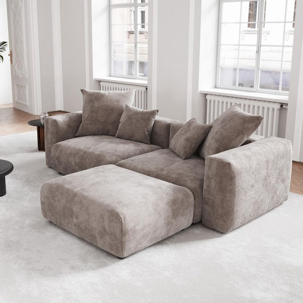 Modern 102 in. Square Arm 3-piece Modular Corduroy Sectional Sofa Oversized Floor Couch with Removable Covers in Brown