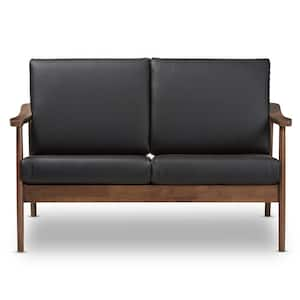 Venza 50 in. Black/Walnut Faux Leather 2-Seater Loveseat with Removable Cushions