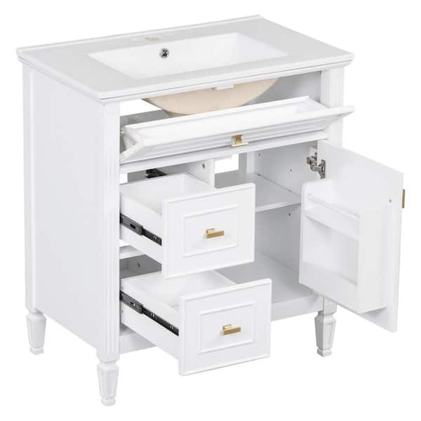 NURVIA 30 in. Single Sink Freestanding White Bath Vanity with White Ceramic Top Unassembled