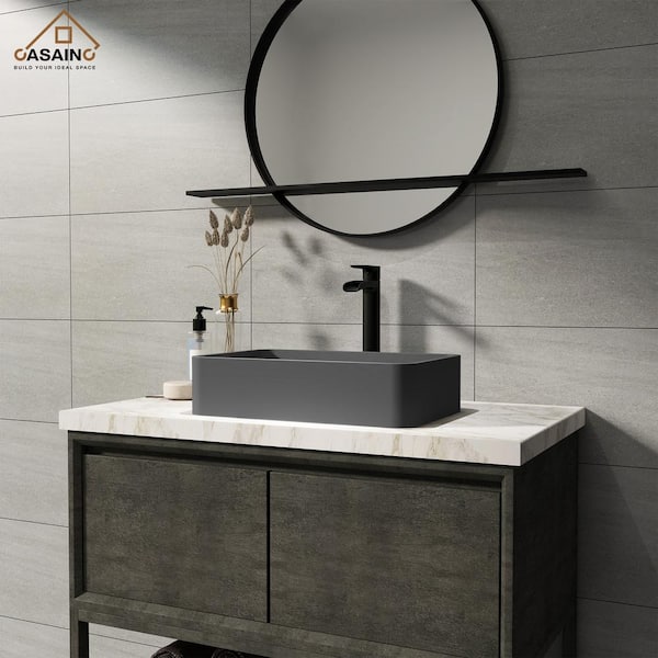 Concrete Art Basin Rectangular Bathroom Vessel Sink in Black Earth with The Same Color Drainer