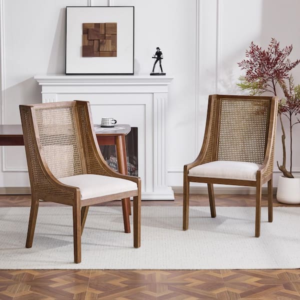 Curved Walnut and Beige Fabric Upholstered Seat Rattan Back Solid Rubberwood Frame Dining Chair (Set of 2)