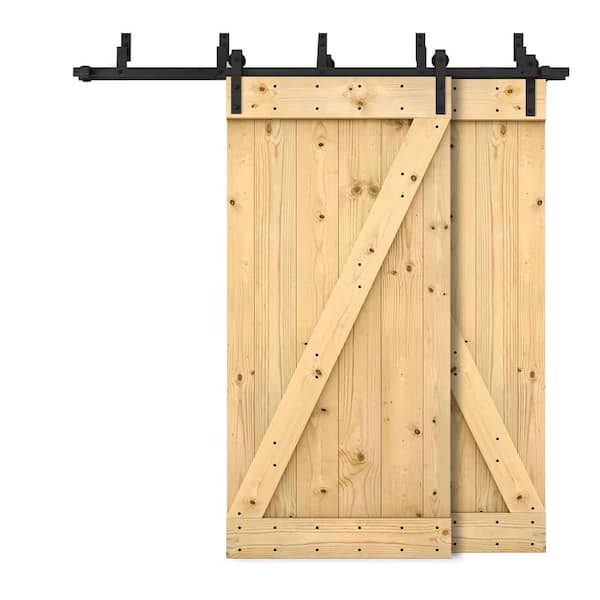 CALHOME 40 in. x 84 in. Z-Bar Bypass Unfinished DIY Solid Wood Interior Double Sliding Barn Door with Hardware Kit