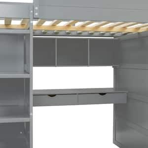 Full Size Loft Bed with Desk, Wardrobes, 4 Drawers and 4 Shelves-Gray