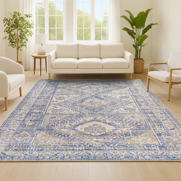 JONATHAN Y Darija Ornate Geometric Medallion Blue 5 ft. 3 in. x 7 ft. 7 in. Area Rug