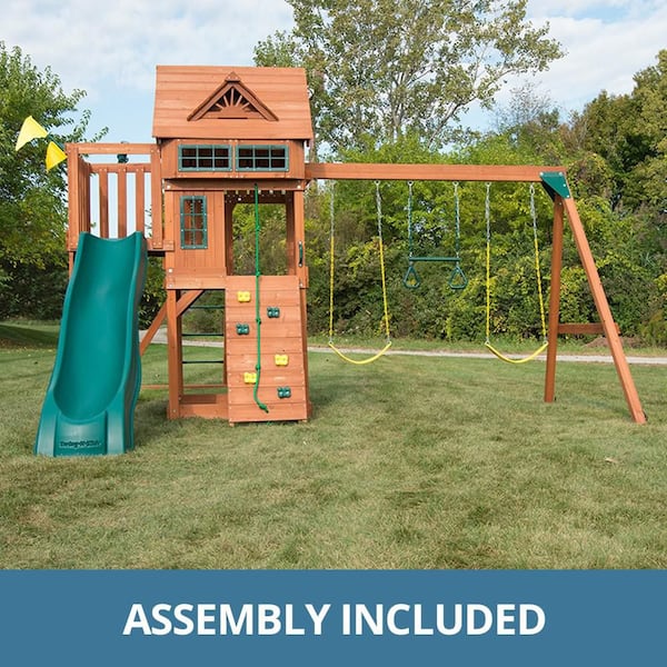 Pro Installed Sky Tower Terrace Wooden Outdoor Playground Set with Slide, Rock Wall, Swing Set, and Playground Equipment