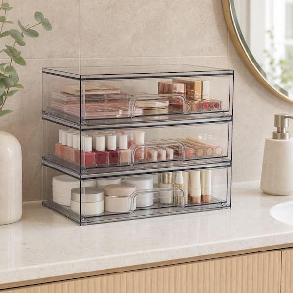 Numhew 3-Piece 12.1 in. W Clear Acrylic Plastic Stackable Storage Drawers for Makeup Palettes, Cosmetics, and Beauty Supplies