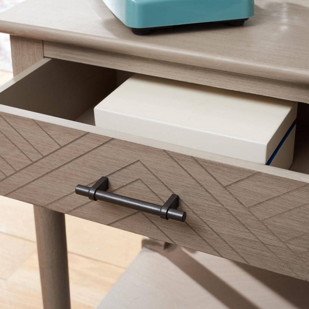 Greige Pine Wood Rectangular Storage End Table with Drawer