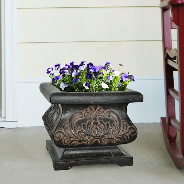 18 in. Square Aged Charcoal Cast Stone Fiberglass Bombe Planter