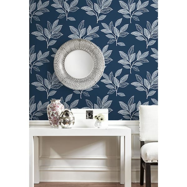 Blue and White Stylized Leaves Vinyl Peel and Stick Wallpaper Roll (Covers 30.75 sq. ft.)