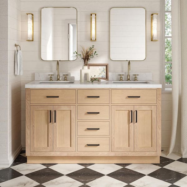 Hepburn 60 in. Double Sink Freestanding Bathroom Vanity in Oak with Carrara White Quartz Top